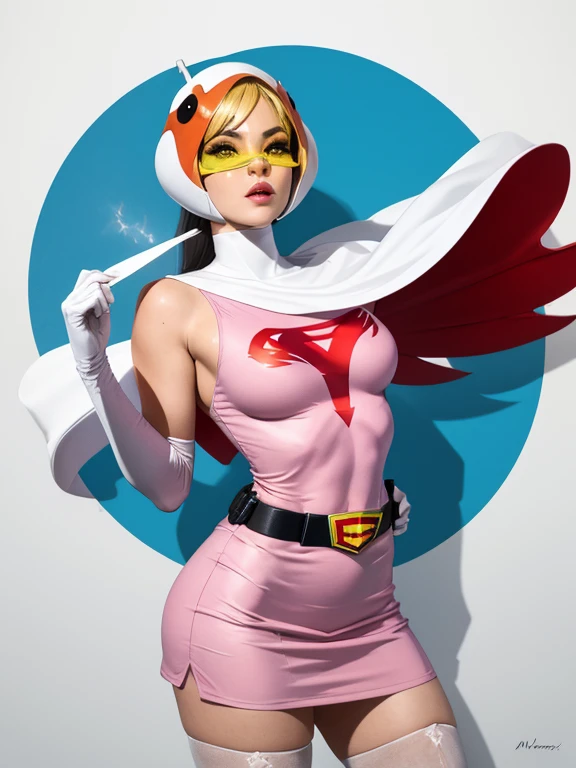 Obra maestra, mejor calidad, alta calidad, high resolution, al aire libre, day, parte superior del cuerpo, mirando al espectador, solo, enfocado, ROMPER,
ANI_classic_jun_gatchaman_propiowaifu, Jun el cisne,
1 chica, senos, labios, medium senos, large senos, ojos verdes, labiostick, constituir, eyelashes, sombra,
(visera), casco, capa, guantes de codo, muslos, belt, guantes blancos, zettai ryouiki, mascarilla, Falda, calzas blancas, Super Hero, leotard, Traje espacial, vestido rosa, white capa, Leotardo rosa, pink Falda, vestido corto,
