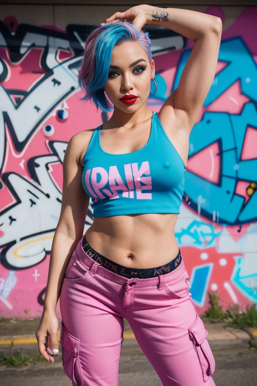 best quality, Clarity, 4k, 8k, detail, actual, Beautiful Girl, makeup, Red lips, pink and blue hair, Perfect body, thigh, stand, pose standing, medium chest, Graffiti tank top, Pink and Blue Cargo Box Pants, Solid graffiti wall background, Graffiti art,