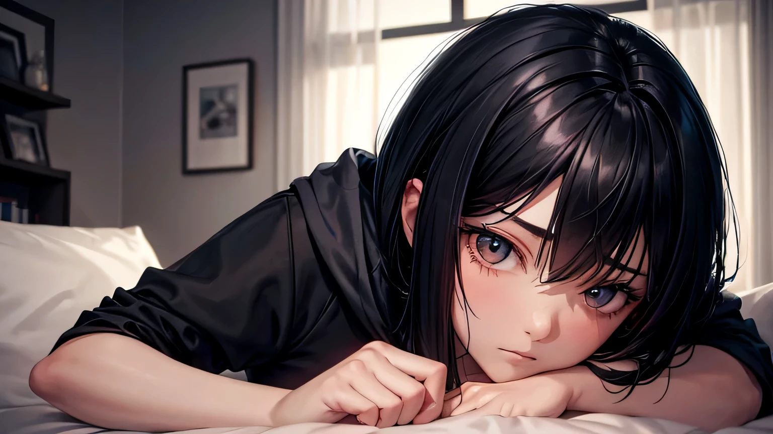 Night,
Outside the window, night,
Woman,
Black hair,
Very Very Short,
Only one person is depicted,
Oversized hoodie,
Sleepy expression,
Dimly lit room,
relaxing,
on the sofa,
Detailed facial expression,
detailed facial expression, detailed description of hair,
detailed body description,