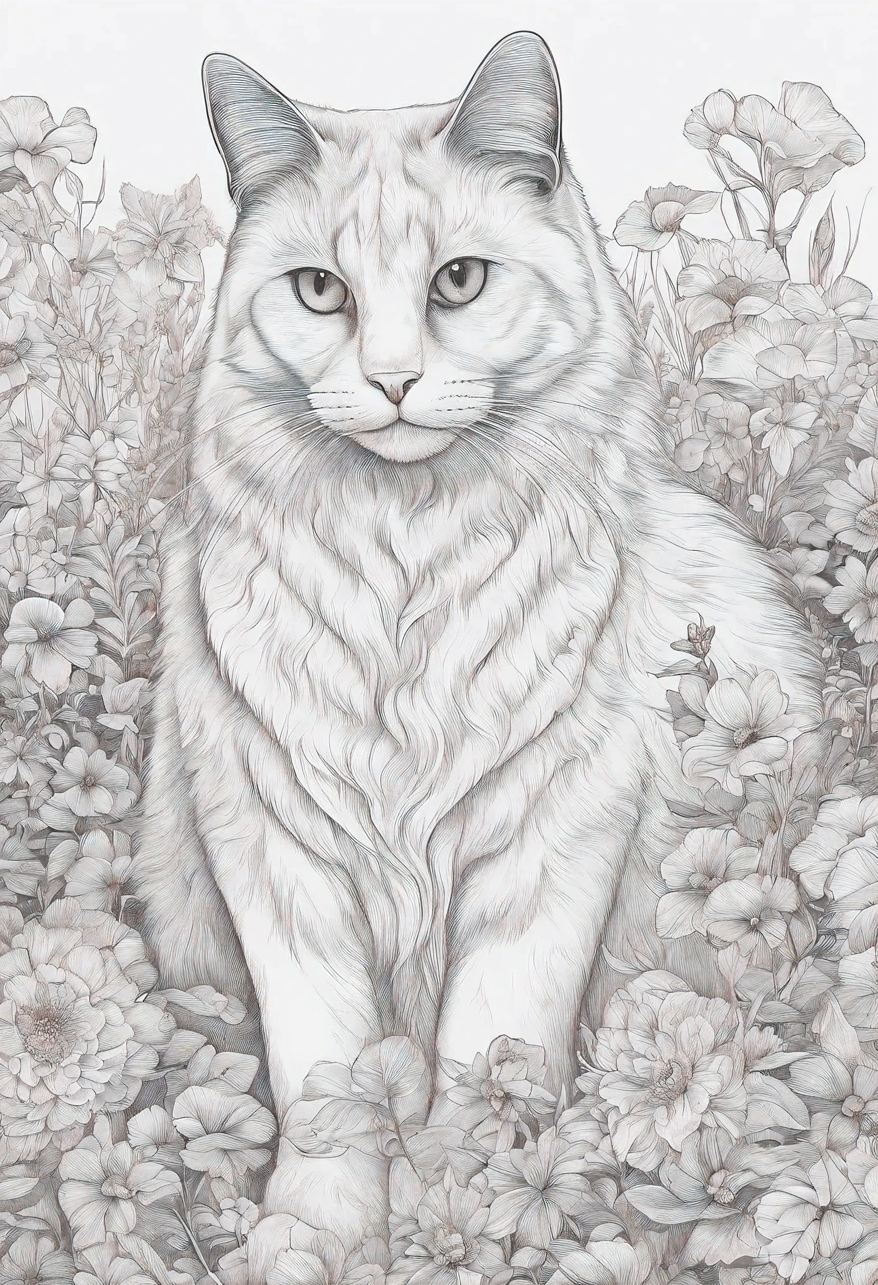 um desenho de um gato deitado em um campo de flores, Desenho de Desenho para colorir, Highly detailed illustration, Linework altamente detalhado, trabalho de linha extremamente detalhado, retrato altamente detalhado, trabalho de linha insanamente detalhado, arte de linha hiper detalhada, desenho altamente detalhado, line art colouring page, Highly detailed illustration.", retrato extremamente detalhado, high detailed illustration, Highly detailed artwork, desenho digital detalhado