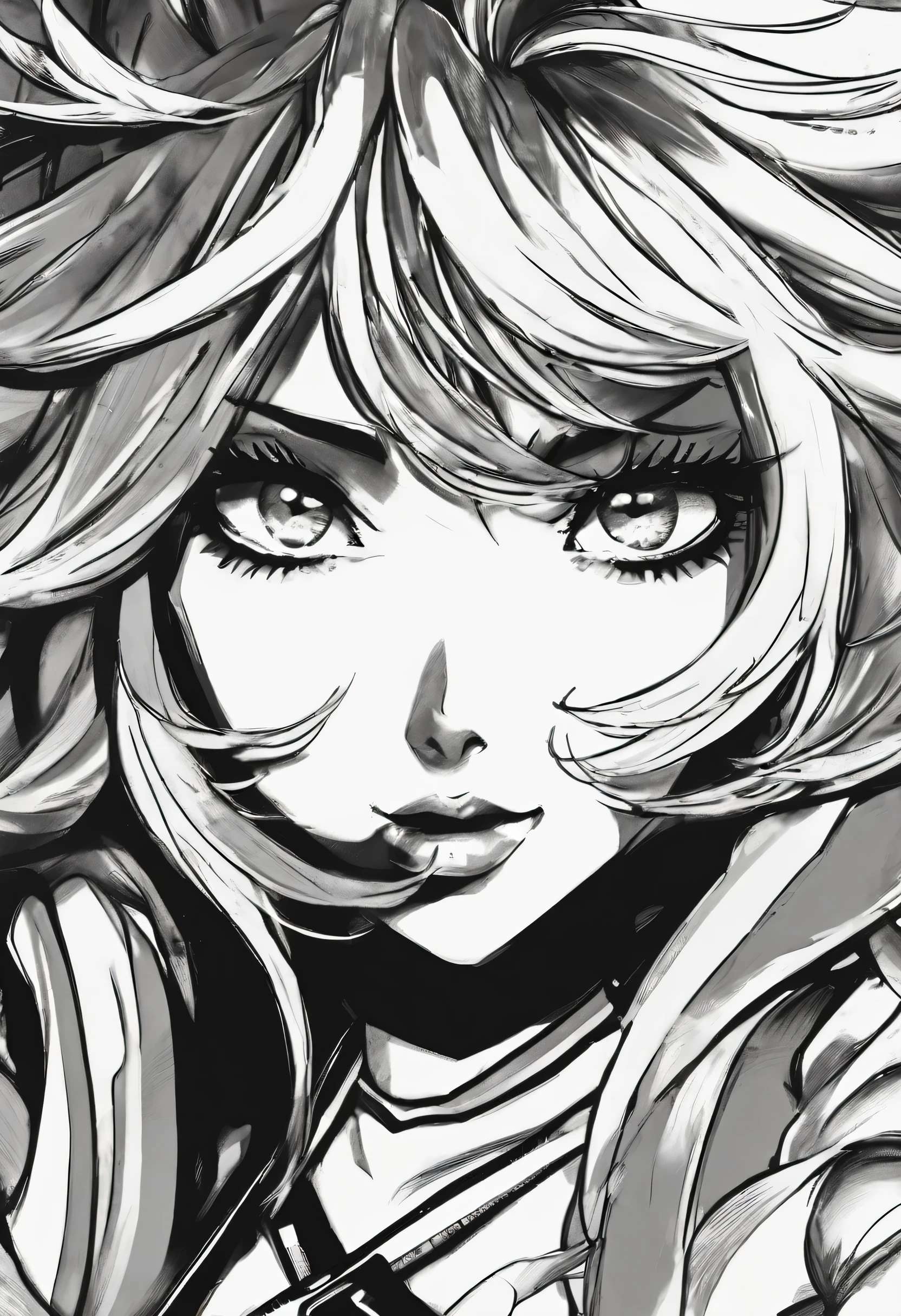 Ahegao, black and white drawing, vivid expressions, eyes rolled back with pleasure, girl with big hair, portrait frame of just her face, Ahegao hentai 