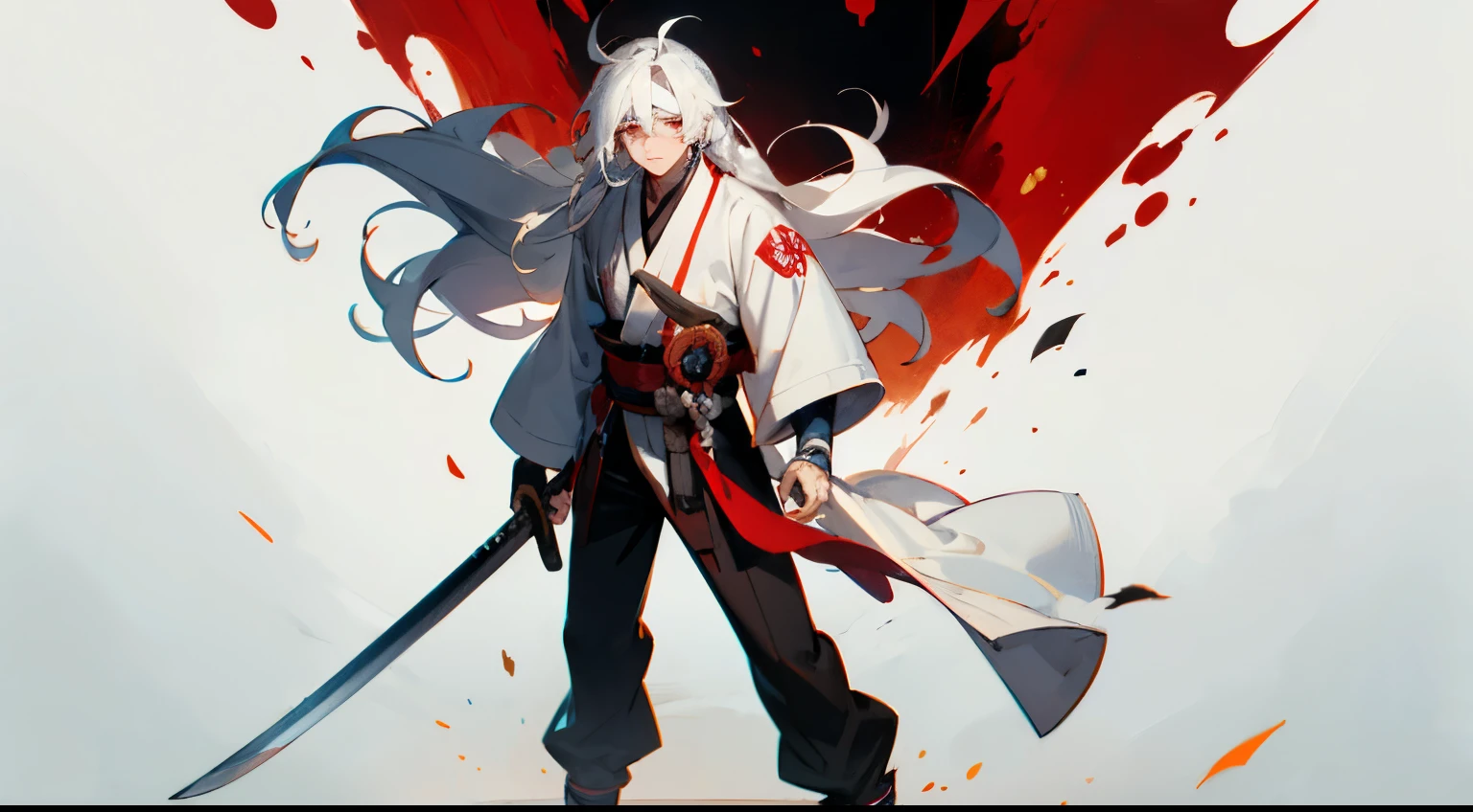masterpiece, best quality, best quality, masterpiece, high resolution, anime style, male, whole body, Anime Character, Long hair, White hair, Blindness in one eye, Eye bandage,Red pupil,Samurai Sword,Standing