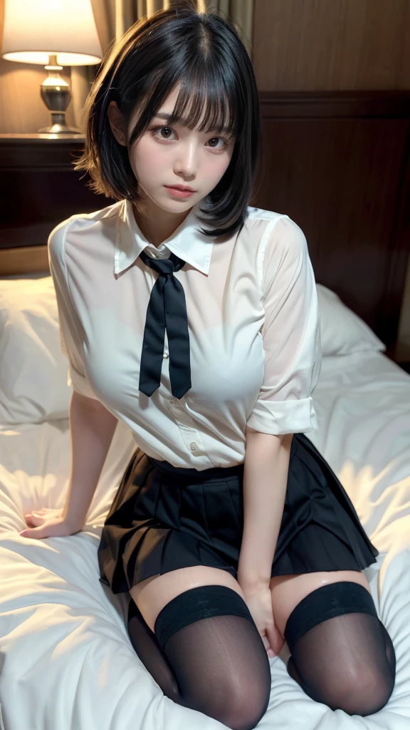 muste piece, best quality, illustration, Super detailed, fine details, High resolution, 8K,wall paper, perfect dynamic composition,(Details High quality, realistic depiction of eyes:1.3), (collared shirt:1.1), pleated skirt, knee high socks, Lying down, large breasts, short bob hair, black hair color, Big Natural Color Lip, bold sexy pose, (perfect body shape), crying a little、cold gaze, Harajuku style、20 year old girl、cute type、lolita、beautiful legs, hotel room, hposing Gravure Idol, Voluptuous thighs,(woman on top, straddling, sitting)