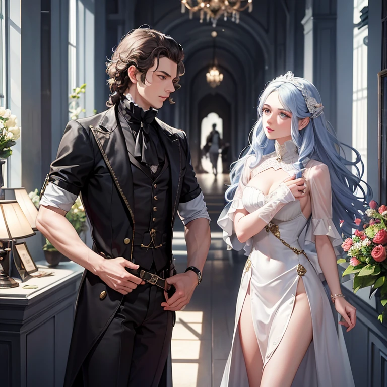 a handsome man with silver hair, blue eyes, White skin, Dress elegantly, With velvet cloaks and lace shirts playing the violin, while a beautiful woman sits watching him with hazel eyes, black hair, White skin, elegant blue silk dress
