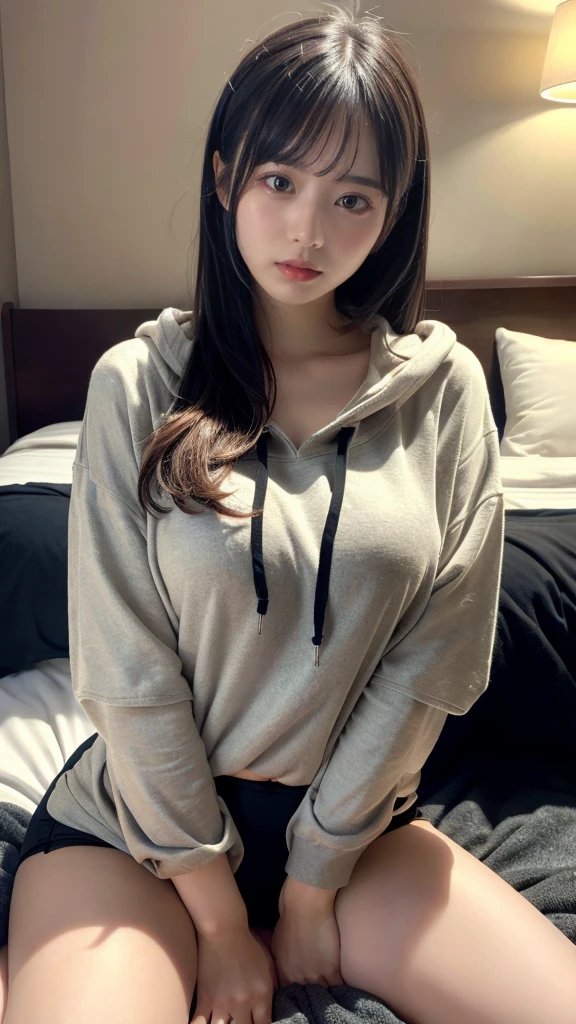 muste piece, best quality, illustration, Super detailed, fine details, High resolution, 8K,wall paper, perfect dynamic composition,(Details High quality, realistic depiction of eyes:1.3), Oversized Light Grey Hoodie, Erotic Shorts, Lying down, black hair color, Big Natural Color Lip, bold sexy pose, (perfect body shape), crying a little、cold gaze, Harajuku style、20 year old girl、cute type、lolita、beautiful legs, hotel room, hposing Gravure Idol, Voluptuous thighs, (woman on top, straddling, sitting)