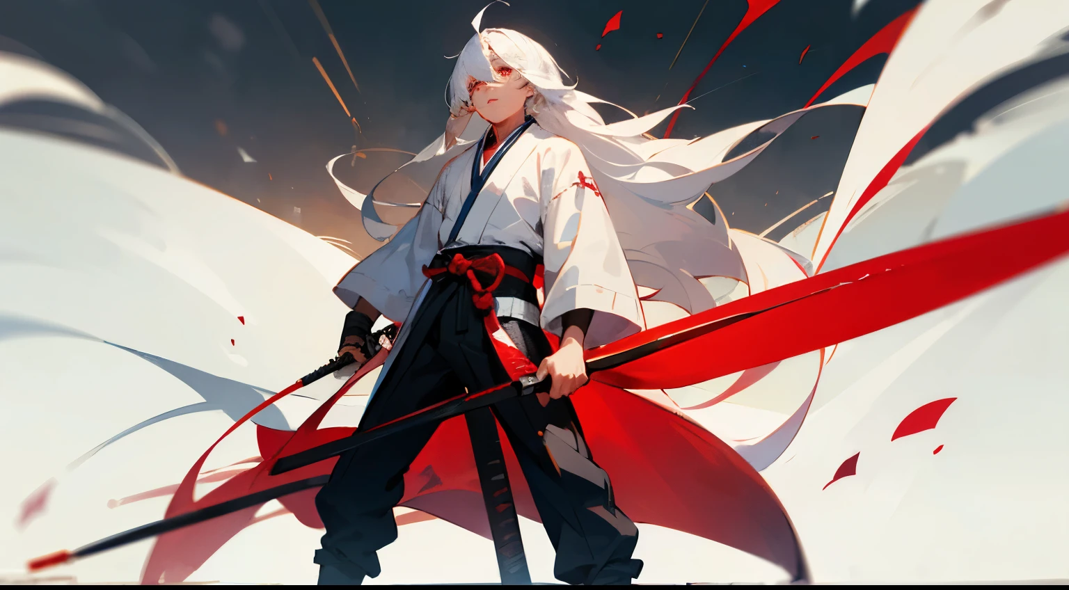 masterpiece, best quality, best quality, masterpiece, high resolution, anime style, male, whole body, Anime Character, Long hair, White hair, Blindness in one eye, Eye bandage,Red pupil,Samurai Sword,Standing