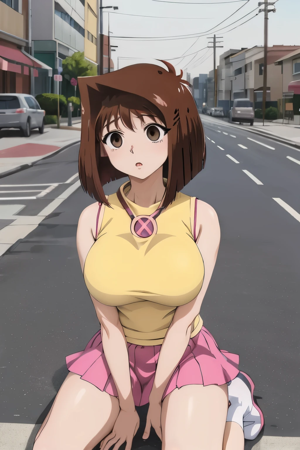 Mazaki Anzu, (antenna hair:1.2), empty eyes, expresionless, huge breasts, precise hands, short pink skirt, sleeveless yellow top, kneeling on the street, looking at viewer, city in the background