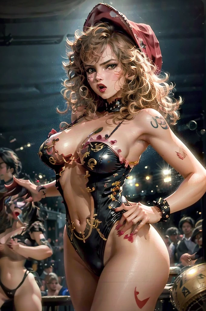 (best quality,4k,8k,highres,masterpiece:1.2),ultra-detailed,(realistic,photorealistic,photo-realistic:1.37),a girl dancing on a table,sexy woman,detailed tattoos,translucent leotard,eye-catching outfit,crazy pirate bar,revealing attire,wild atmosphere,vibrant lighting,sensual movements,cat in the hat theme,seductive poses,energetic dance routine,provocative gestures,dynamic composition,expressive face,long hair flowing,dark and mysterious environment,people cheering and clapping,bustling crowd,joyful celebration, atmosphere,exotic drinks,pirate flags and decorations,music filled with excitement,pulsating rhythms,passionate performance,fantasy-like setting,alluring vibes,colorful scenery,dramatic shadows,high contrast,striking visual impact,enticing expressions,attention-grabbing scene,immersive experience,beaming smiles,playful atmosphere,electrifying energy,unforgettable moment,memorable night