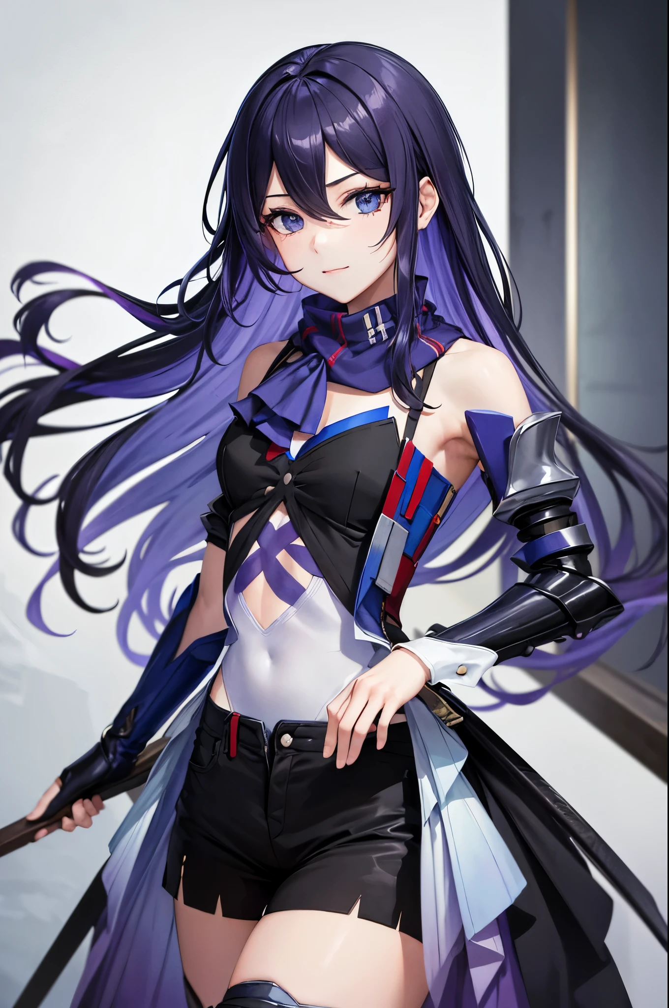 (masterpiece, best quality:1.2), expressive eyes, perfect face, highres, 1girl, solo, jeloseele, purple scarf, highleg leotard, detached sleeves, black gloves, short shorts, slight smile, standing, upper body, looking at the viewer