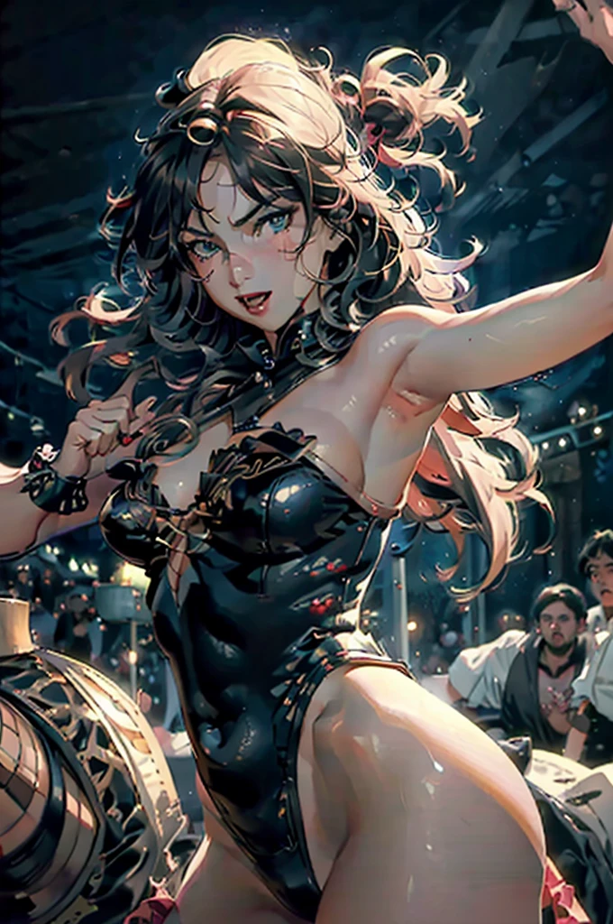 (best quality,4k,8k,highres,masterpiece:1.2),ultra-detailed,(realistic,photorealistic,photo-realistic:1.37),a girl dancing on a table,sexy woman,detailed tattoos,translucent leotard,eye-catching outfit,crazy pirate bar,revealing attire,wild atmosphere,vibrant lighting,sensual movements,cat in the hat theme,seductive poses,energetic dance routine,provocative gestures,dynamic composition,expressive face,long hair flowing,dark and mysterious environment,people cheering and clapping,bustling crowd,joyful celebration, atmosphere,exotic drinks,pirate flags and decorations,music filled with excitement,pulsating rhythms,passionate performance,fantasy-like setting,alluring vibes,colorful scenery,dramatic shadows,high contrast,striking visual impact,enticing expressions,attention-grabbing scene,immersive experience,beaming smiles,playful atmosphere,electrifying energy,unforgettable moment,memorable night
