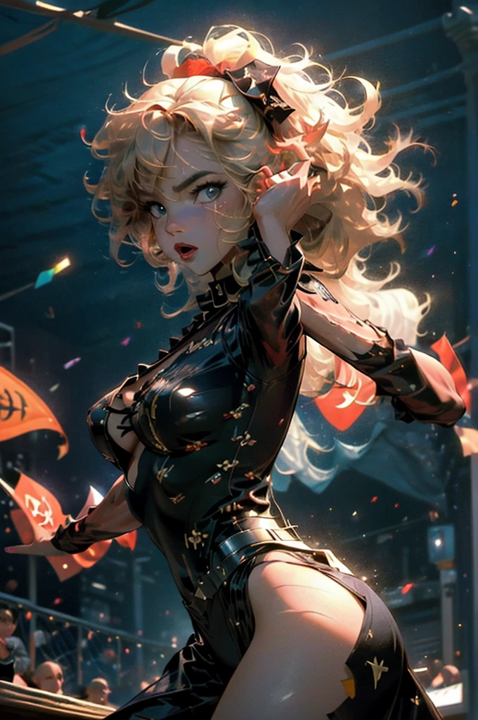 (best quality,4k,8k,highres,masterpiece:1.2),ultra-detailed,(realistic,photorealistic,photo-realistic:1.37),a girl dancing on a table,sexy woman,detailed tattoos,translucent leotard,eye-catching outfit,crazy pirate bar,revealing attire,wild atmosphere,vibrant lighting,sensual movements,cat in the hat theme,seductive poses,energetic dance routine,provocative gestures,dynamic composition,expressive face,long hair flowing,dark and mysterious environment,people cheering and clapping,bustling crowd,joyful celebration, atmosphere,exotic drinks,pirate flags and decorations,music filled with excitement,pulsating rhythms,passionate performance,fantasy-like setting,alluring vibes,colorful scenery,dramatic shadows,high contrast,striking visual impact,enticing expressions,attention-grabbing scene,immersive experience,beaming smiles,playful atmosphere,electrifying energy,unforgettable moment,memorable night