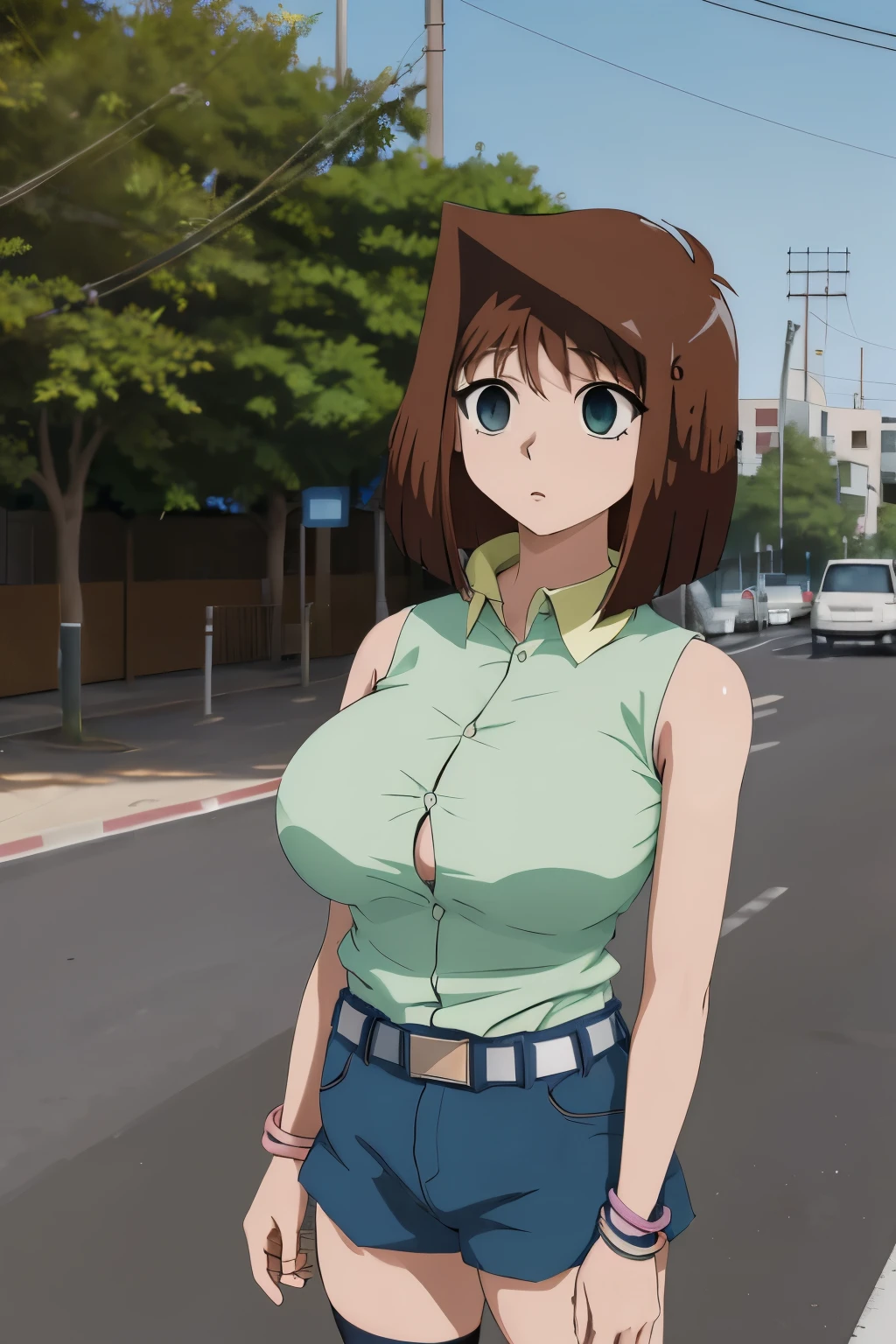 Mazaki Anzu, (antenna hair:1.2), empty eyes, expresionless, huge breasts, precise hands, unbuttoned green shirt, sleeveless, bracelet, belt, blue short shorts, white thighhighs, standing, outdoors, looking at viewer, city in the background, looking at viewer