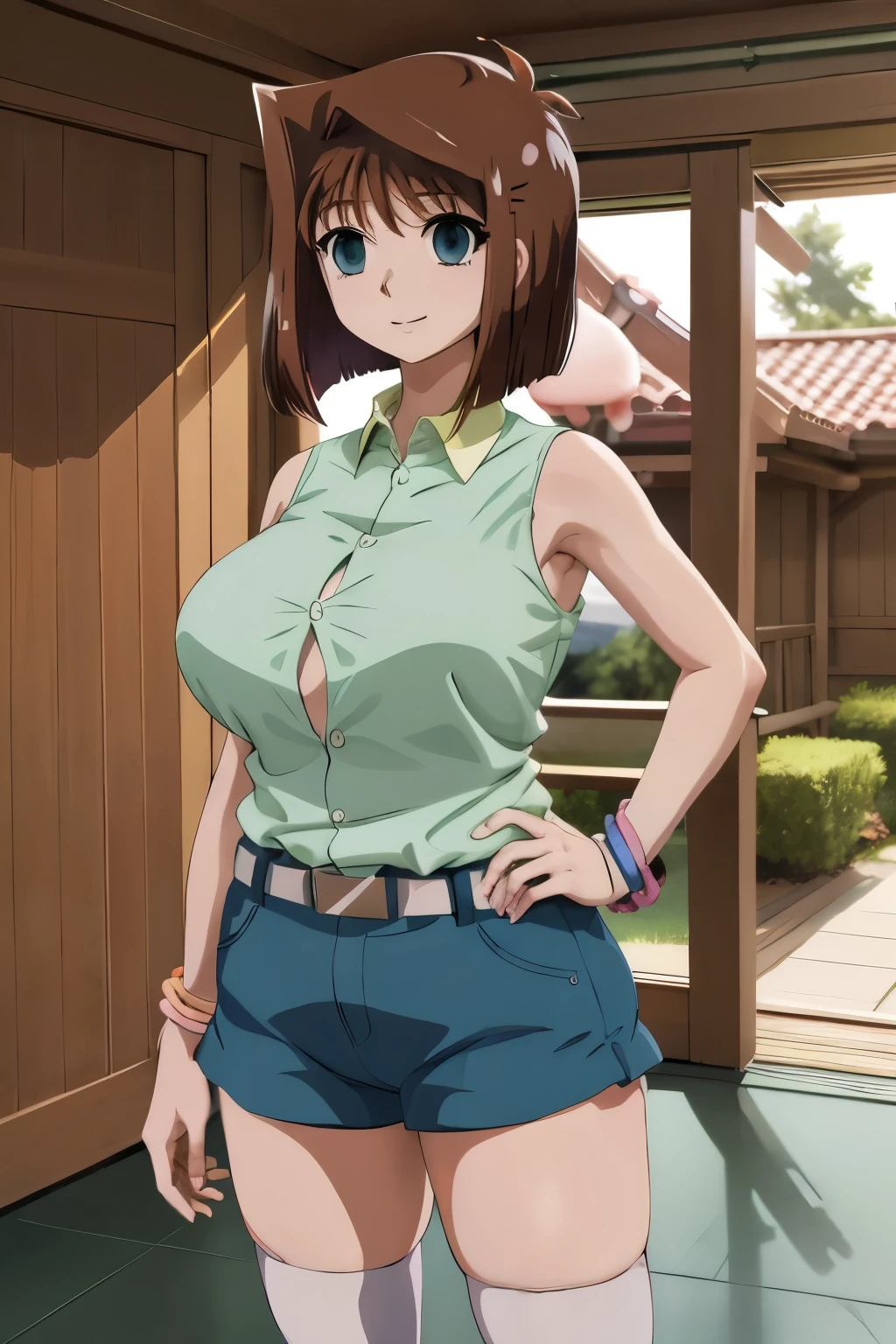 Mazaki Anzu, (antenna hair:1.2), empty eyes, happy smile, huge breasts, precise hands, unbuttoned green shirt, showing bra, sleeveless, bracelet, belt, blue short shorts, white thighhighs, standing, looking at viewer, keeping eye contact, house hall in the background, looking at viewer