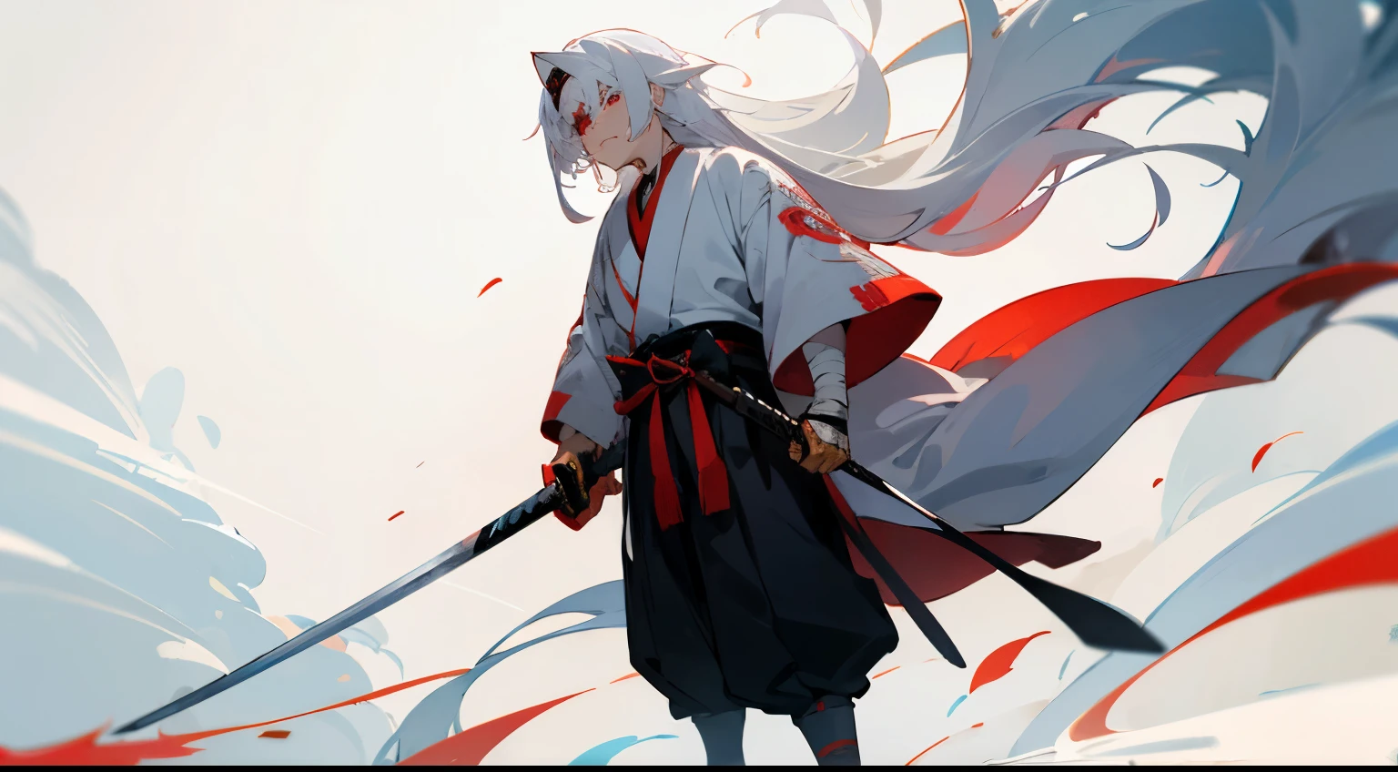 masterpiece, best quality, best quality, masterpiece, high resolution, anime style, male, whole body, Anime Character, Long hair, White hair, Blindness in one eye, Eye bandage,Red pupil,Samurai Sword,Standing,White head mask