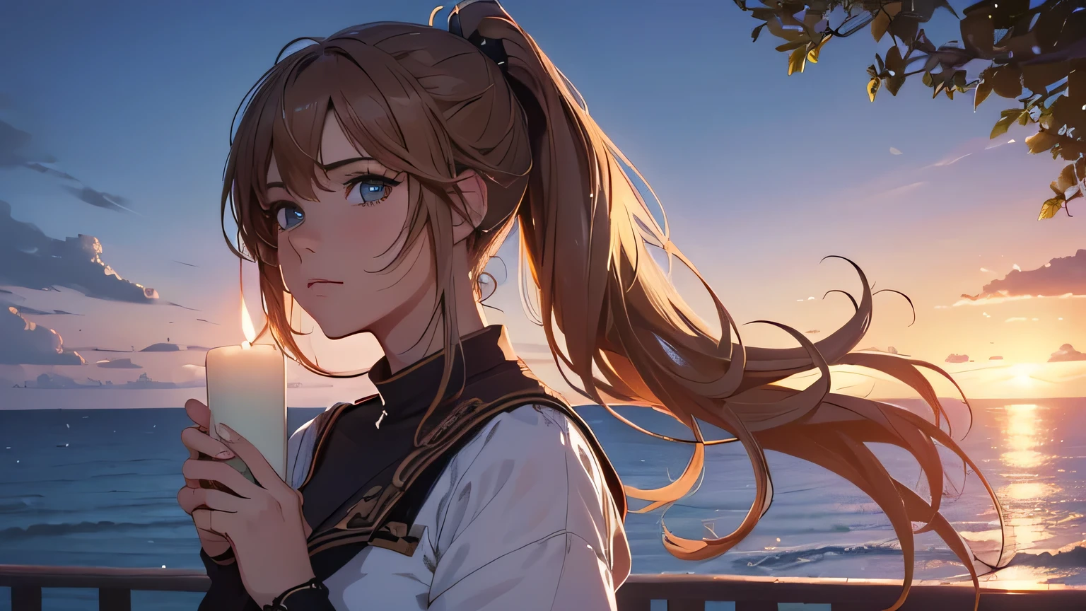 (8k, RAW foto, mejor calidad, (Obra maestra, super high quality, super detailed), anime style paisaje, chica joven, Absoluto, velas escarlatas, girl looking at the sea from the coast, camera looking at the sea, detalles intrincados, sailing ship with velas escarlatas, Una escena de una novela de Alexander Greene. "velas escarlatas" imagen de medio cuerpo, A beautiful women posing for a photograph in an alley, brown ponytail, golpes, risa feliz, blue eyes, Cuerpo magro musculoso, perfect anatomy, Looking to the camera, Time of the day, cielo azul, estilo animado, al aire libre, tendencia en artstation, Oh!, sakimichan muy sensual, con ropa original cuerpo entero, muy realista, extremadamente realista, extremadamente sexy, 8k, 8k extremadamente detallado), (un extremadamente delicado y hermoso), (obra maestra), (mejor calidad: 1.0), (ultra high resolution:1.0)