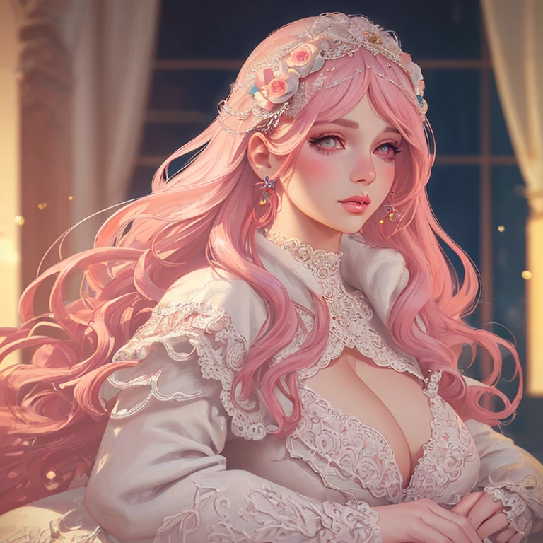 (best quality,ultra-detailed),beautiful detailed eyes,beautiful detailed lips,extremely detailed eyes and face,long eyelashes,(realistic,photorealistic),rosa hair,pink hair,tetona,cabello rosa,white dress,crochet coat,voluptuous body,sensual,beautiful dress and coat,sexy,eye-catching,big breasts,voluptuous figure,lunar en la teta,vibrant colors,soft lighting,portrait style,sexy and elegant,romantic atmosphere,high-resolution,gorgeous curves
