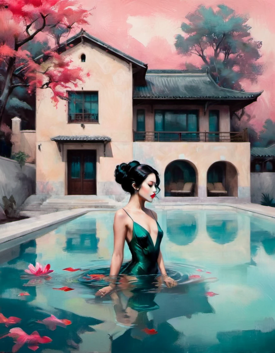 chiaroscuro technique on sensual illustration of an elegant woman, vintage ,silky eerie, matte painting, by Hannah Dale, by Harumi Hironaka, extremely soft colors, vibrant, pastel, highly detailed, digital artwork, high contrast, dramatic, refined, tonal, minimal ratio, swimming pool texture