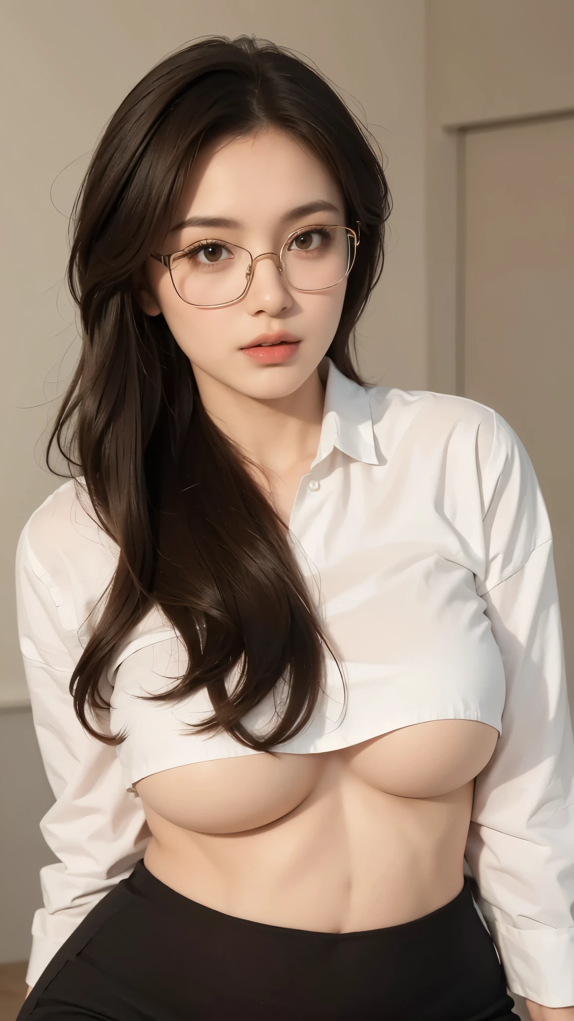 (beautiful woman teacher:1.2) (bold make-up) (curvy body) (gigantic breast:1.2) deep ((Best quality, 8k, Masterpiece :1.3)), award winning, best quality, highres, 1080P, HD, 16k, big tits , round tits, hanging , deep cleavage, open cleavage, cleavage, (tan skin:1.2) wear tube-dress (bangs hair, blonde hair) wear (underboob:1.2) transparent white shirt (wear square glasses)