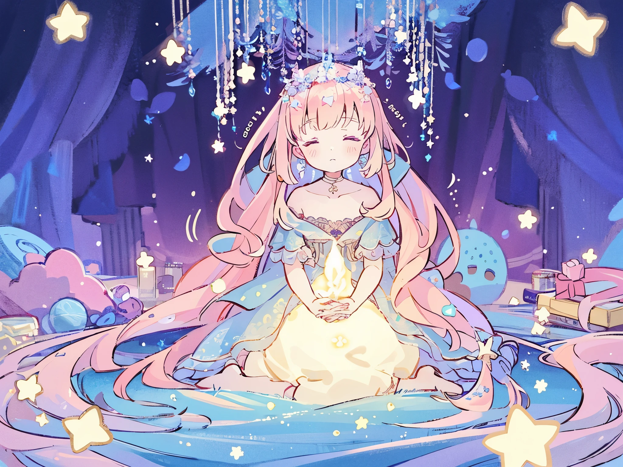 masterpiece, best quality, sharp focus, intricate details, complex background, wishing star background, a woman wearing an ethereal mystical pink translucent dress that reflects the stars, perfume promo art, mystic, complex drawing, highly detailed, Covergirl brand, promo art, artistic rendition, ethereal, starry night, midjourney style, perfection, golden ratio