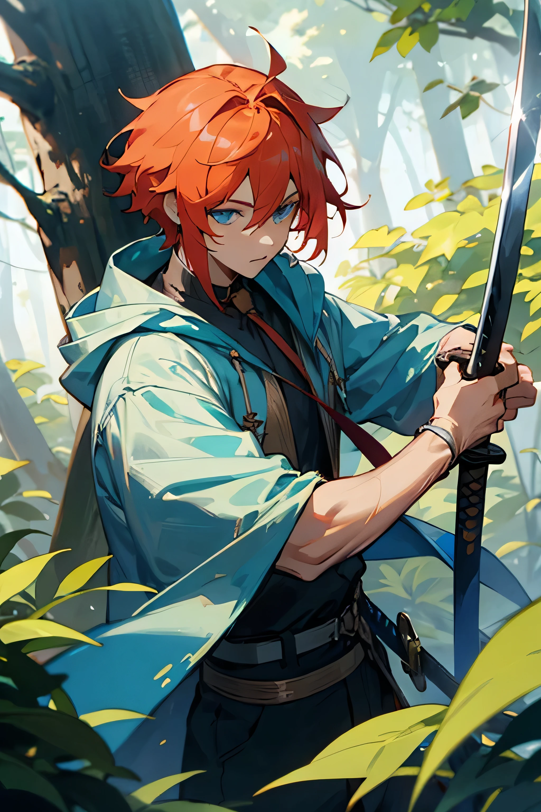 Male, bright hair, blue eyes, hood, surrounded by trees, Nature, in a Forest, holding Sword, tied hair