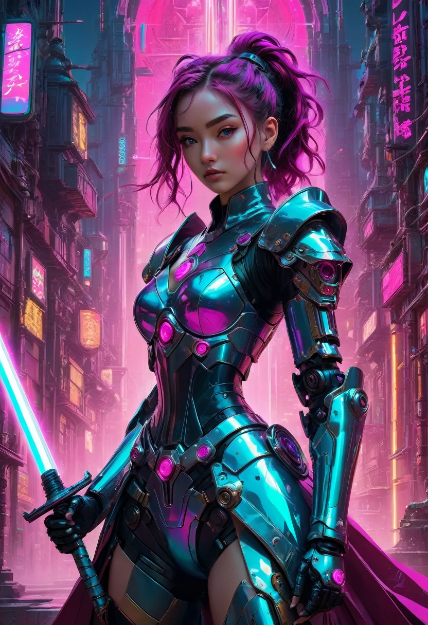 1girl, Swordsman, breathtaking In a robot-run, futuristic steampunk castle, a tech-armored swordsman wields a laser sword. This vibrant, cinematic blend of Renaissance and Cyberpunk styles is rich in color, detail, and sleek shadows. Keywords: cyberpunk, vaporwave, neon, crisp, stunning, magenta . award-winning, professional, highly detailed