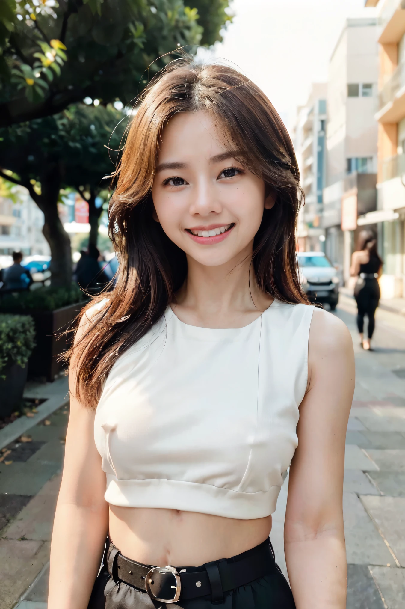 RAW photos, camera gaze, ((top quality, 8k, masterpiece: 1.3)), sharp focus: 1.2, white shirt, pretty features, best smile, cute smile, beautiful woman in perfect style: 1.4, slender abs: 1.2, dark brown hair, (natural light, city street: 1.1), highly detailed face and skin texture, detailed eyes, double eyelids