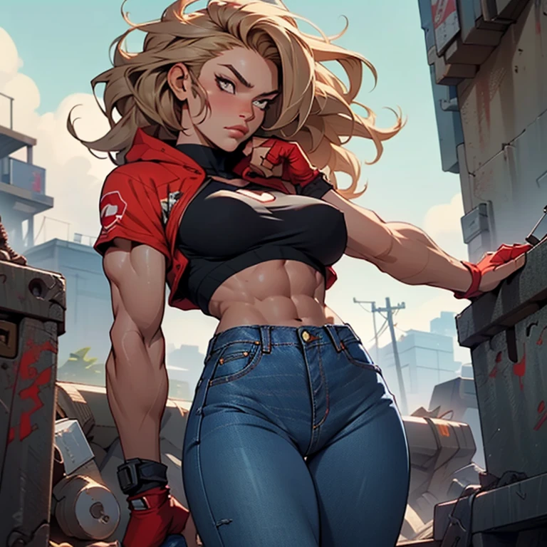 a woman with a gun in her hand, chiseled abs, in clothes! highly detailed, trending on pintrest, red hoods, sangsoo jeong, musclebound and hulking, wavy blond hair, muscular character, ( ( ( wearing jeans ) ) ), muscular characters, very tight small push up bra, high resolution print :1 red, q