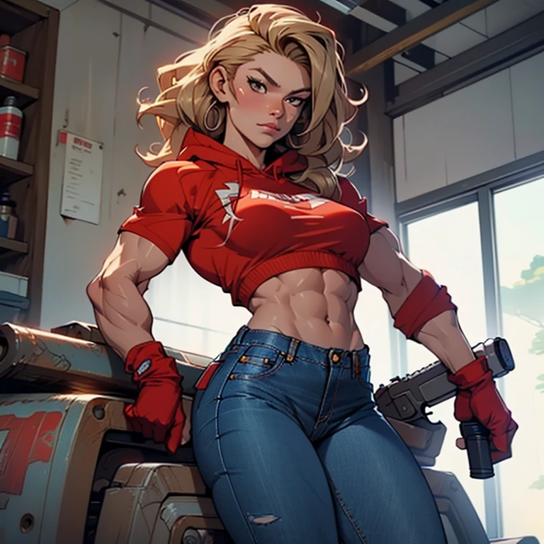 a woman with a gun in her hand, chiseled abs, in clothes! highly detailed, trending on pintrest, red hoods, sangsoo jeong, musclebound and hulking, wavy blond hair, muscular character, ( ( ( wearing jeans ) ) ), muscular characters, very tight small push up bra, high resolution print :1 red, q