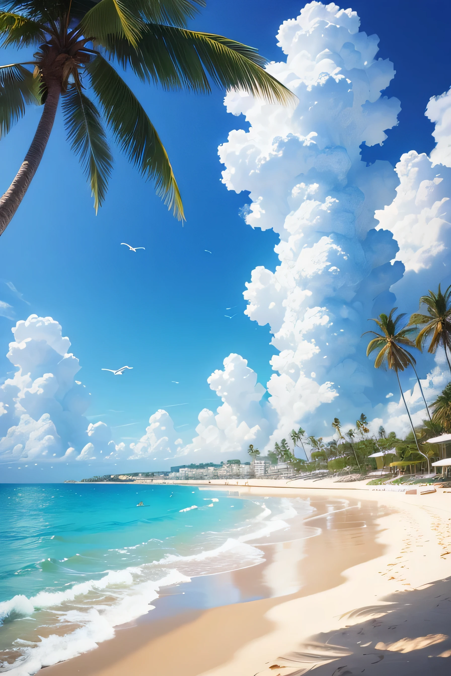 (highest quality,4K,High resolution,masterpiece:1.2),Very detailed,Realistic,photoRealistic,landscape,sunny day,Carbonated water,On a beautiful beach,Vast ocean,blue sky,fluffy clouds,quiet,relax,Long sandy coastline with gentle waves,High resolution,Vibrant colors,Sunlight shining on the surface of the water,Crystal clear water,White foam on the waves,Seagulls flying in the distance,Swaying palm trees along the beach,soft golden sand,gentle sea breeze,Serene atmosphere