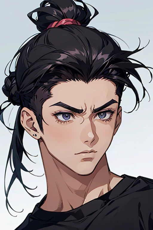 anime man gradient anime young black hair with low bun shaved on the sides turns the hair to the left side in the middle serious face with black earrings sweatshirt