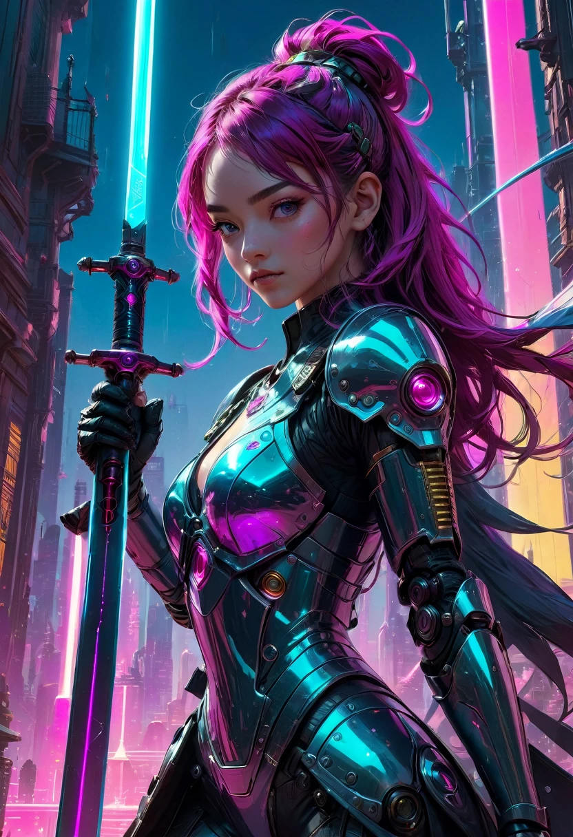 1girl, Swordsman, breathtaking In a robot-run, futuristic steampunk castle, a tech-armored swordsman wields a laser sword. This vibrant, cinematic blend of Renaissance and Cyberpunk styles is rich in color, detail, and sleek shadows. Keywords: cyberpunk, vaporwave, neon, crisp, stunning, magenta . award-winning, professional, highly detailed