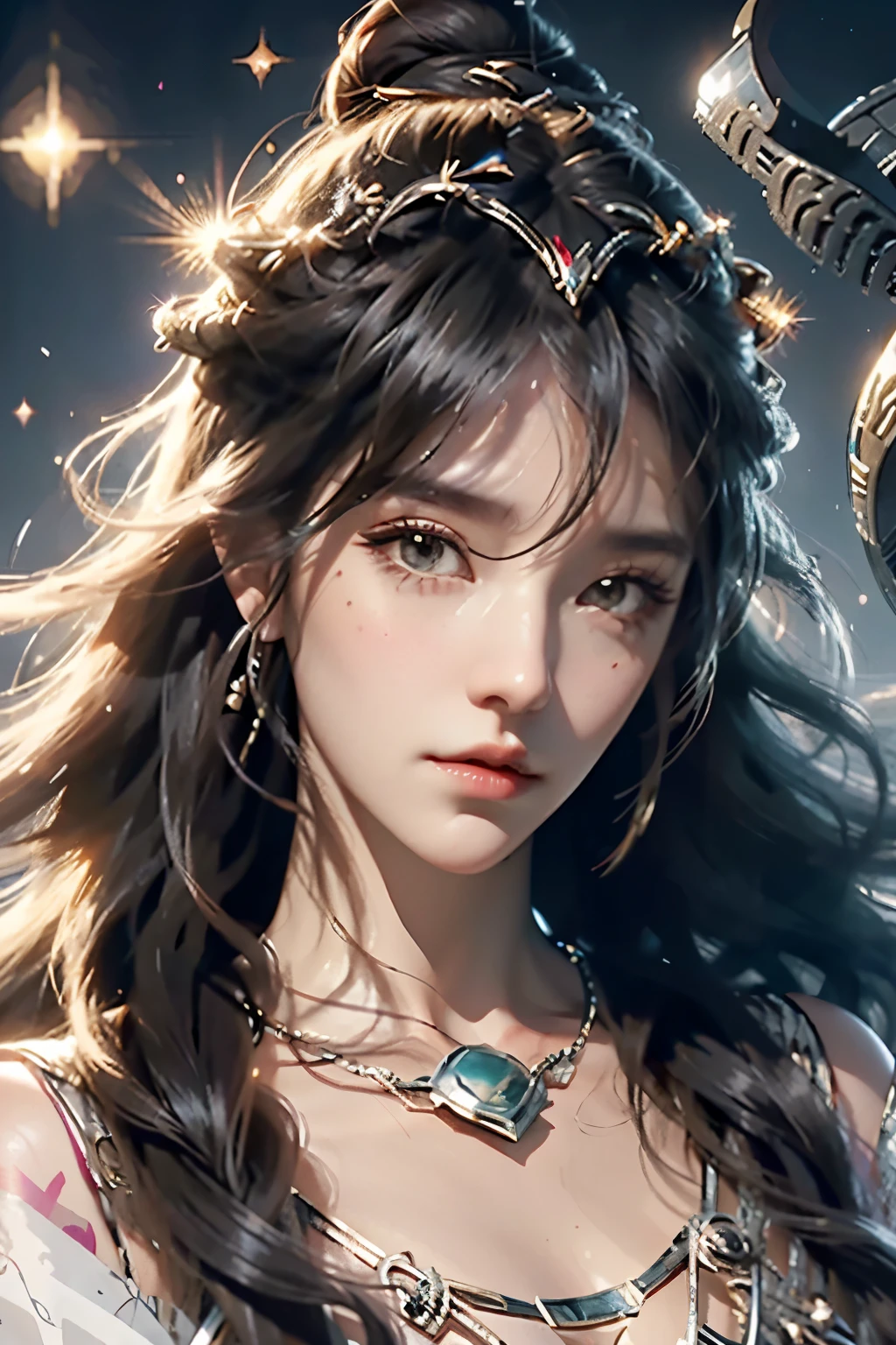 (absurdres, highres, ultra detailed), 1woman, mature female, aged up, wavy long hair, white hair, black eyes, bangs, long sleeves, finely detailed eyes and detailed face, extremely detailed CG unity 8k wallpaper, intricate details, looking down, solo, half shot, detailed face, stoic expression, dynamic pose, flowing hair, classical era, (ancient roman theme:1.1), roman mythology, Roman empire, Capua, ancient vineyard, oracle, cape, iron accessories, ancient theme, (flourishing civilization:1.1), pristine white marble, (intact:1.1) marble buildings, hills in background, brazier, burning embers, night, darkness, stars, aura of light, majestic atmosphere, floating stone particles,, portrait, wind swirling