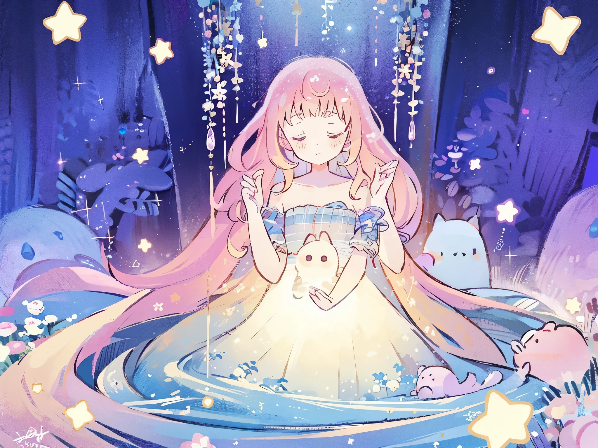 masterpiece, best quality, sharp focus, intricate details, complex background, wishing star background, a woman wearing an ethereal mystical pink translucent dress that reflects the stars, perfume promo art, mystic, complex drawing, highly detailed, Covergirl brand, promo art, artistic rendition, ethereal, starry night, midjourney style, perfection, golden ratio