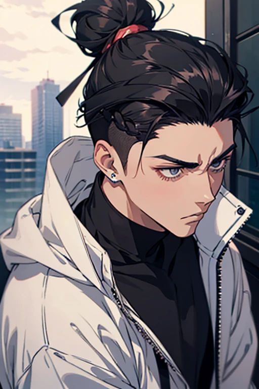 anime man gradient anime young black hair with low bun shaved on the sides turns the hair to the left side in the middle serious face with black earrings sweatshirt