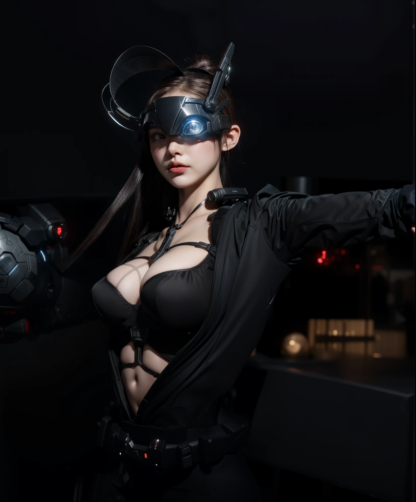 Futuristic high-tech style，best quality,Fairy Skin,(every time :1.2),eternal,Ultra Detailed,Practical,high quality,film lighting,Ray Tracing,Ultra HD,Upper part of the body, Future Iron Man Mech，Filming，Battery，Transmitter，Large caliber artillery，Roseland 8k，Mech Cyber Armored Vehicle Girl,Wearing a cyberpunk technology helmet，Warframe Helmet，There is a breathing light on the body，The armor of the future shines，Armed Cannon，High-tech armor，High-tech eye mask