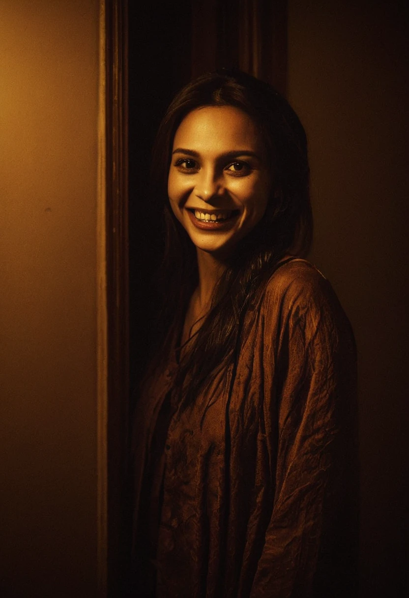 (Best quality, masterpiece: 1.2) exorcyst, Best quality. Night room, dark room, completely darkened room, sepia, grainy, creepy environment. scary smile. A creepy look from the shadows.
