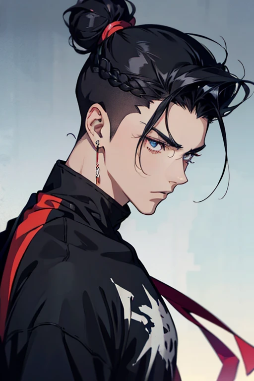 anime man gradient anime young black hair with low bun shaved on the sides turns the hair to the left side in the middle serious face with black earrings sweatshirt