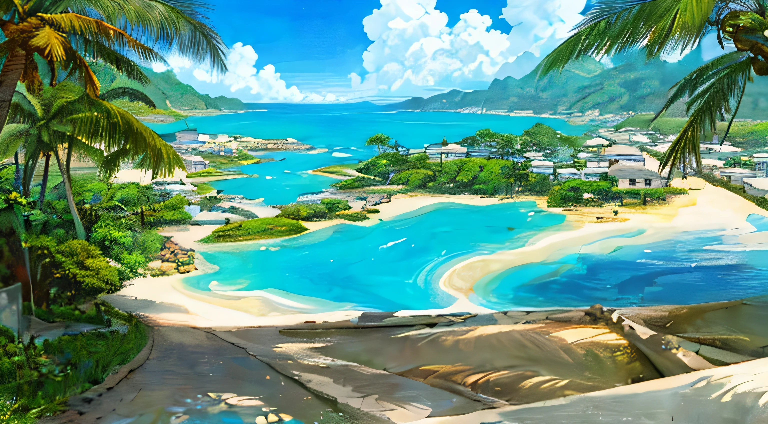 (((highest quality))), High saturation, Genuineistis, clear, reasonable structure, Manga style, architecture, Ocean Shore, double, Hut, Palm tree, sand, Ocean, Seagull, null, sunny day, Fantasy, no_human, Outdoor, landscape, Genuine, beautiful and amazing landscape oil painting Ghibli Studio Miyazaki’s Tropical Island with blue sea and null, Tropical Island, Coconut --v6