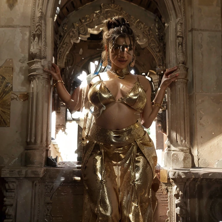 Nsfw, castle background, exotic girl, indian, vivacious, looking at the viewer, shining skin, perfect lighting, the embodiment of grace and elegance, provocative pose, smiling seductively, (half saree), deep cleavage, Big breasts, curvy ass, clear curvy details, beautiful curves, detailed eyes, detailed pupil, messy bun, volumetric lighting, Ultra Detailed, unity 8k wallpaper, ultra detailed, aesthetic, masterpiece, best quality, photorealistic, gold jewellery on her waist 