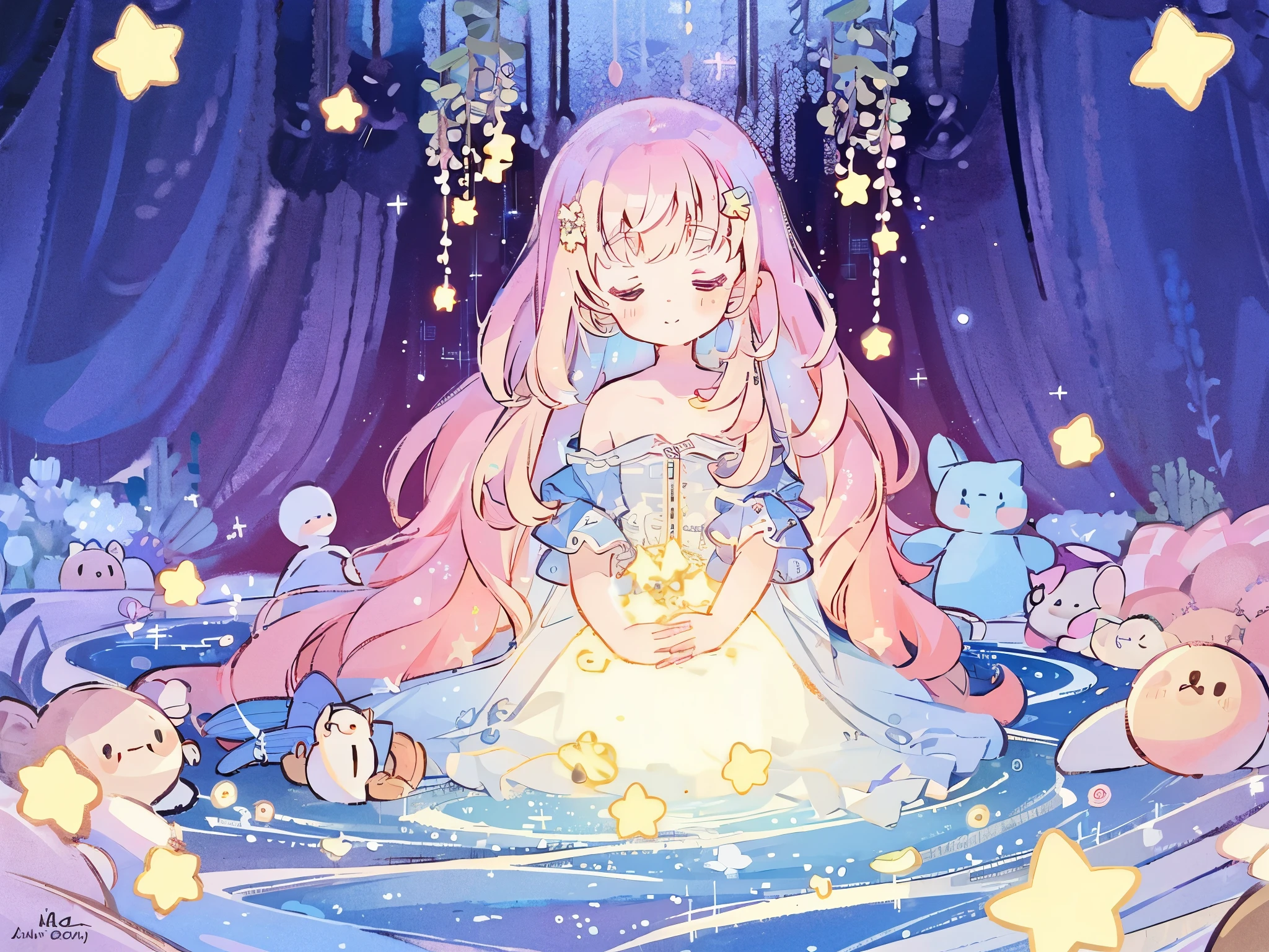 masterpiece, best quality, sharp focus, intricate details, complex background, wishing star background, a woman wearing an ethereal mystical pink translucent dress that reflects the stars, perfume promo art, mystic, complex drawing, highly detailed, Covergirl brand, promo art, artistic rendition, ethereal, starry night, midjourney style, perfection, golden ratio