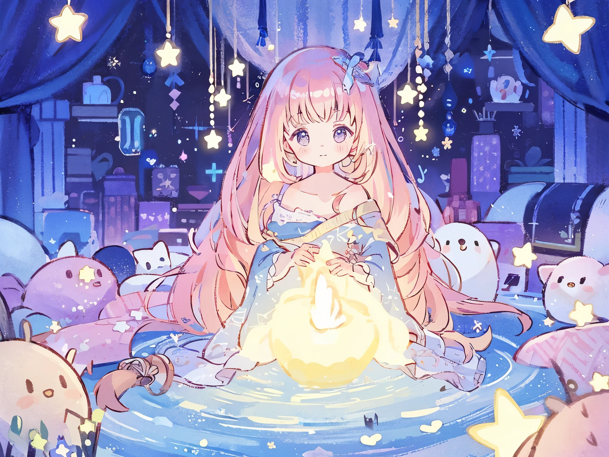 masterpiece, best quality, sharp focus, intricate details, complex background, wishing star background, a woman wearing an ethereal mystical pink translucent dress that reflects the stars, perfume promo art, mystic, complex drawing, highly detailed, Covergirl brand, promo art, artistic rendition, ethereal, starry night, midjourney style, perfection, golden ratio
