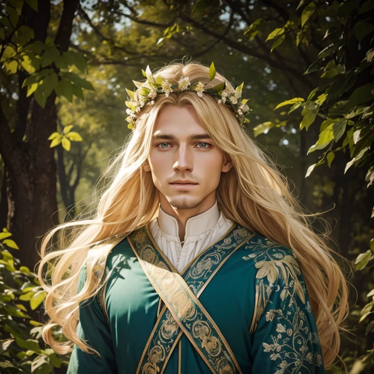 un bel homme européen et une couronne de laurier sur la tête, roi féerique de la forêt d'été, beautiful homme blond, dieu du printemps, dieu de la nature, dieu aux cheveux blonds, dieu de la nature, tons verts et rouges, dark green Poils de feuilles, homme blond, blond male, roi de la nature, couronne florale, Poils de feuilles, lotus couronne de laurier homme, male with blond hair