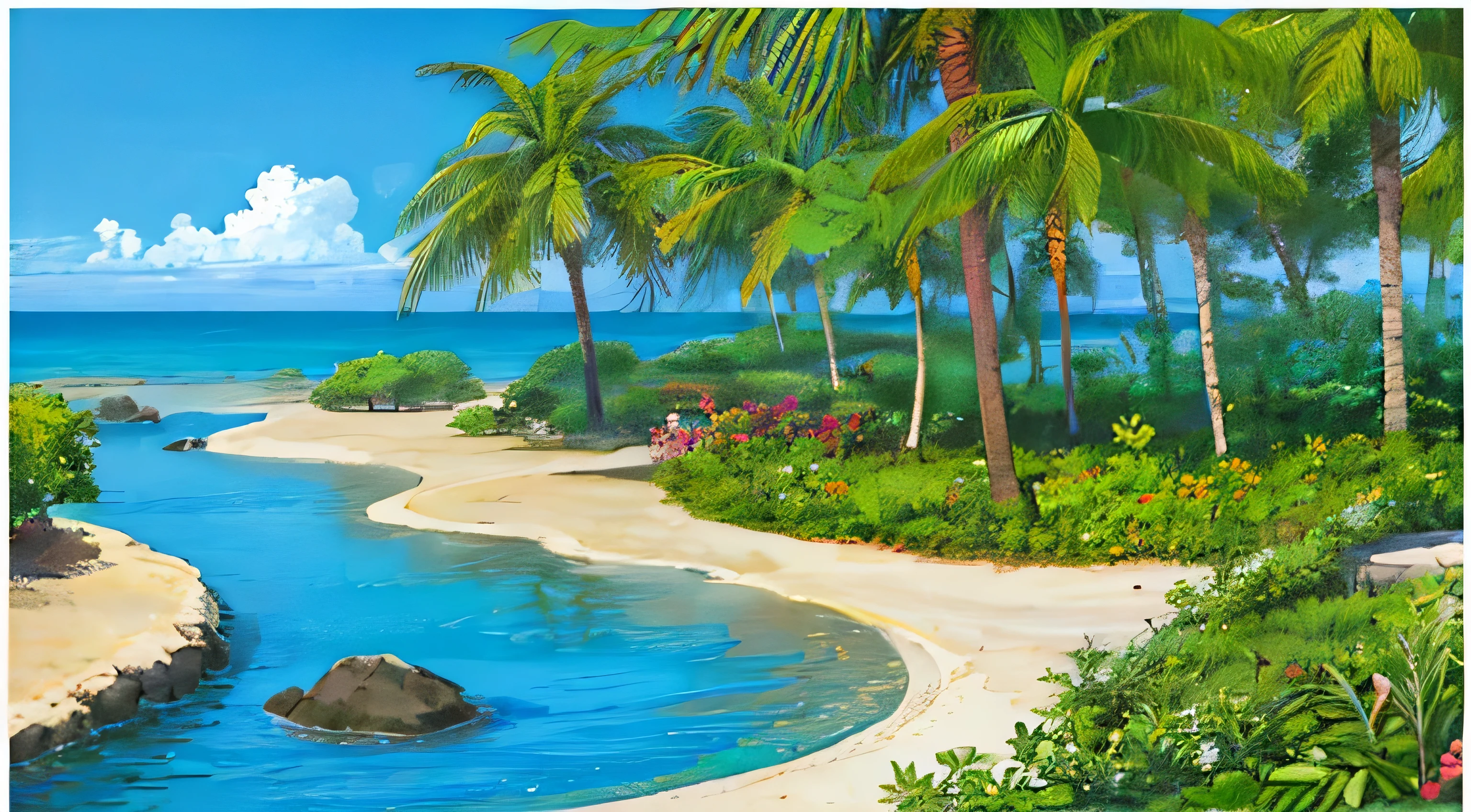 (((highest quality))), High saturation, Genuineistis, clear, reasonable structure, Manga style, architecture, Ocean Shore, double, Hut, Palm tree, sand, Ocean, Seagull, null, sunny day, Fantasy, no_human, Outdoor, landscape, Genuine, beautiful and amazing landscape oil painting Ghibli Studio Miyazaki’s Tropical Island with blue sea and null, Tropical Island, Coconut --v6