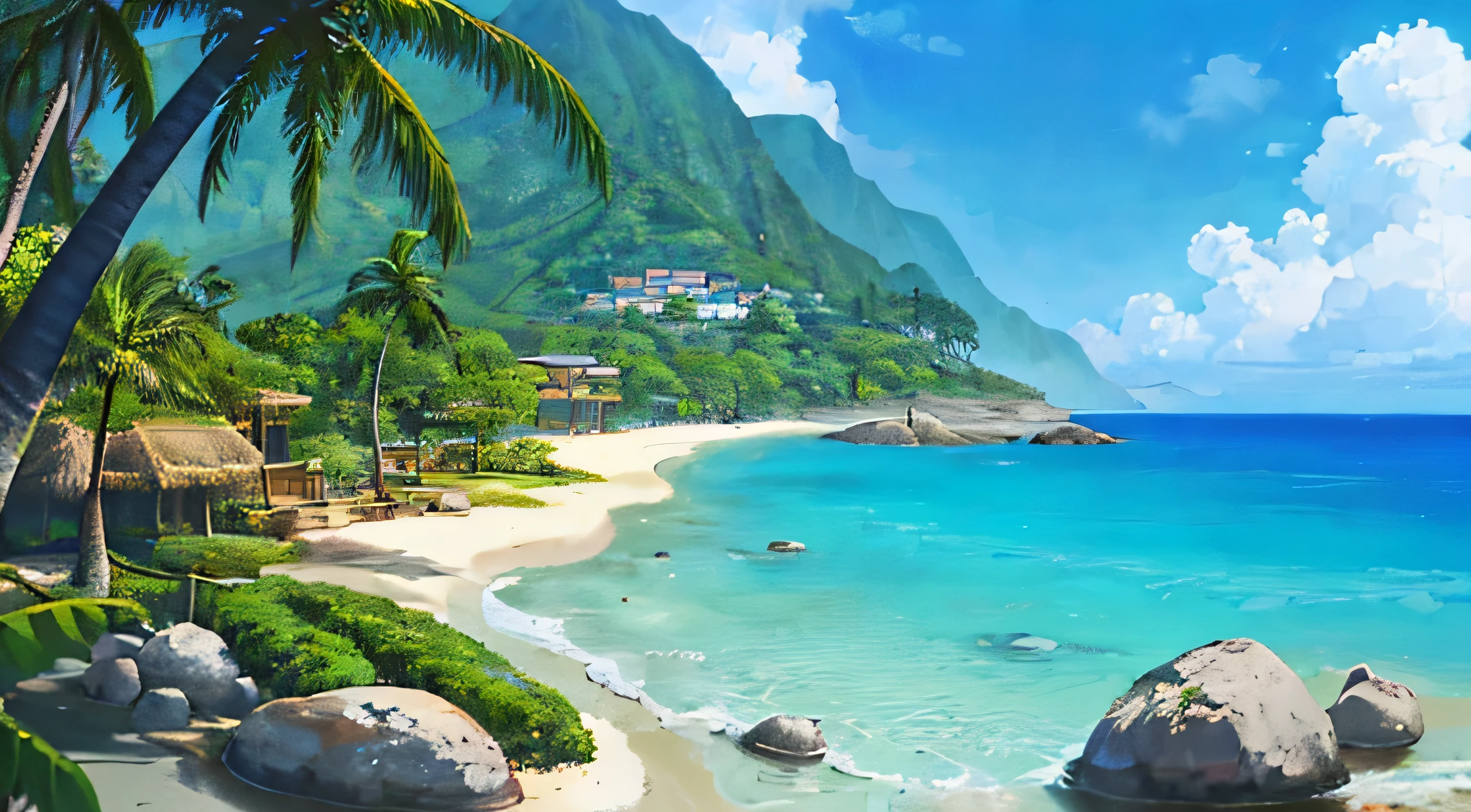 (((highest quality))), High saturation, Genuineistis, clear, reasonable structure, Manga style, architecture, Ocean Shore, double, Hut, Palm tree, sand, Ocean, Seagull, null, sunny day, Fantasy, no_human, Outdoor, landscape, Genuine, beautiful and amazing landscape oil painting Ghibli Studio Miyazaki’s Tropical Island with blue sea and null, Tropical Island, Coconut --v6