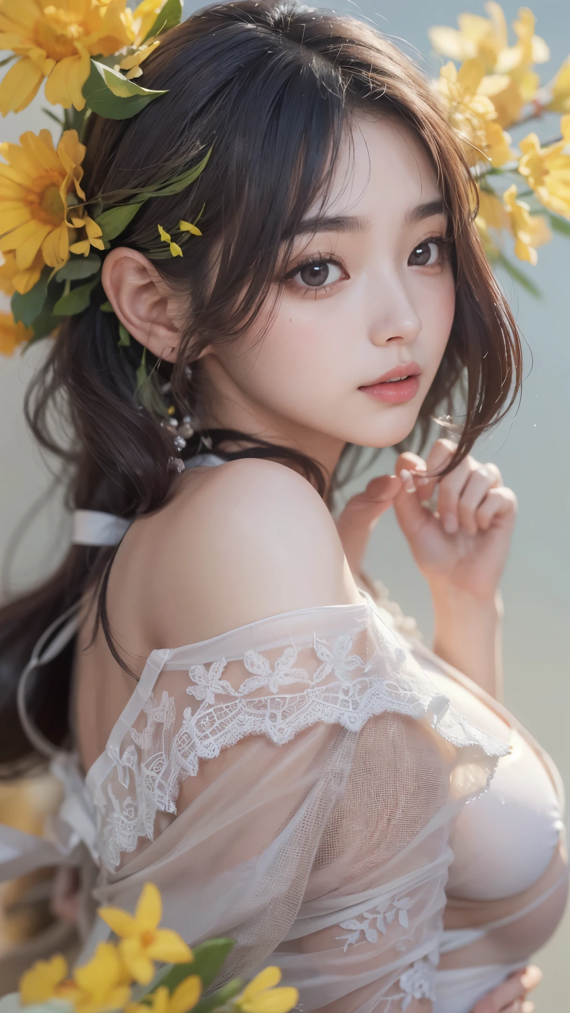 (((Holding a bouquet))),(Emo art:1.6)、Ulchan-6 (8K、RAW Photos、highest quality、masterpiece:1.2、RAW Photos)、Portrait、High-resolution RAW color photos、professional photo、Super-resolution、8K、(Reality、Actual photo:1.3) )、1 person、(((Ultra Definition)))、Very detailedで美しい、Very detailed、Great details、Perfect bodyのかわいいベイビー: 1.4、Slim big tits: 1.2、whole body画像、Great details、Perfect and cute body beauty：1.4、Slim big breasts：1.2、Glowing Skin、Glossy lips、High resolution face and skin textures、Fine grain、double eyelid、Very detailed、（（Skin Radiance：1.2））、（（Bust H cup： 1.2、Super big boobs：1.2、Breasts that are too big：1.2、Milk that seems to tear：1.2))、(((Big Tits：1.4))))、(Beautiful Abs)、(((Plump Breasts 1.4) ) )、((Beautiful Skin：1.3)))、(high resolution chest、Happy expression)、((sheer lingerie：1.3))、((embroidery：1.1) )、・High quality：highest quality：1.4、Ultra-high resolution、Photorealistic：1.4、8K UHD、RAW shooting、Sharp Focus：1.3、real skin texture：1.3、Film Grain：1.3、High Quality Textures、High-definition CG、High Quality Shadows、Depth of the subject being written、Ray Tracing、High pixel count、Clear details、Clear images、Natural color reproduction、noise reduction、High fidelity、Software Improvements、Upscaling、Optimized Algorithms、Professional Retouching、Bokeh、Movie Lighting、Shining Light Other Uncategorized: whole body、Generating images taken from a distance A position slightly away from the subject、Generates an image from an angle where the subject can be seen from a position slightly away from the camera、Generate an image with a background、Attract your subject、Adjust the scale and size of the subject、Expressing a sense of tension 、Appeal to specific features or expressions of your subject、Emphasize the tension、Human behavior and function: masterpiece、Side light、(Live Shooting、realism: 1.8)、Main display of the viewer/Part of yourself or someone else: Delicate illustrations: 1.3、masterpiece 、One Girl、One Girl、Beautifully detailed eyes and face、、Very detailedな、Magnificent digital photography、Beautiful eyes in every detail、Cute Kpop Girls、Faces of Ulsan, Korea、Ulsan-6500-V、Pure erotic face_v1、Shining Eyes、cheek、 Glossy lips、Perfect body、short hair and tanned skin、Bare Breasts、elegant、HDR 品質の少女の 8K Portrait、masterpiece、Annoying posture、Sexy pose、Breast emphasis、(((Super big boobs))) 、Peach plump lips、Shoulder-length brown hair、Heart shaped face、Almond-shaped eyes、Straight nose、Deep philtrum、No bangs、Huge breasts、Beautiful eyes in every detail、 - Casual clothing and accessories: ((((( Gravure idol)))))、(((((whole bodyセクシーなデザインの下着)))))、(((((My chest is about to burst)))))、(((( View of the rising sun)))))