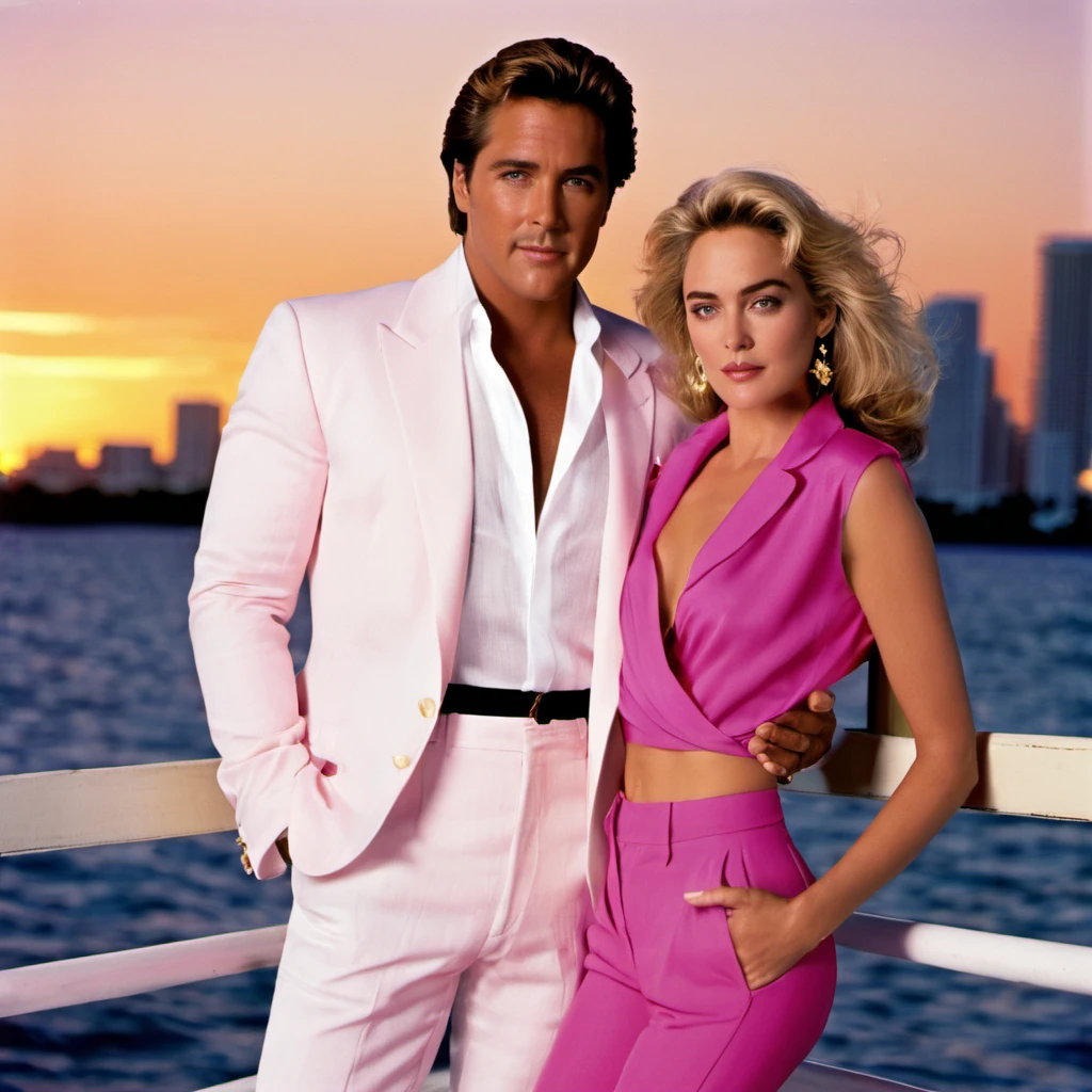 {
  "name": "Miami Vice - 1987",
  "description": "An image of Sonny Crockett and Sharon Stone from Miami Vice. The year is 1987.  Sharon Stone is 28 years old and has a toned and athletic physique. She is 5 feet 7 inches tall with a slim build (measurements: 34-24-36 inches). She has short blonde hair styled in a side-swept wave and bright blue eyes. She is wearing a white linen blazer over a black silk tank top and high-waisted white jeans. Crockett, played by Don Johnson, is standing beside her. He is dressed in his signature Miami Vice attire of a pastel pink linen suit and white t-shirt.  They are standing on a pier overlooking the Miami skyline at sunset. The sky is ablaze with orange, pink, and purple hues. A cigarette boat is docked nearby, adding to the scene's iconic Miami Vice aesthetic.",
  "details": [
    {"subject": "Sharon Stone", "age": 28, "hair": "short, blonde, side-swept wave", "eyes": "bright blue", "physique": "toned, athletic", "height": "5 feet 7 inches", "measurements": "34-24-36 inches", "clothing": "white linen blazer, black silk tank top, high-waisted white jeans"},
    {"subject": "James Crockett", "clothing": "pastel pink linen suit, white t-shirt"},
    {"subject": "setting", "location": "pier overlooking Miami skyline", "time": "sunset", "sky": "orange, pink, purple hues"},
    {"object": "cigarette boat", "location": "docked nearby"}
  ]
}