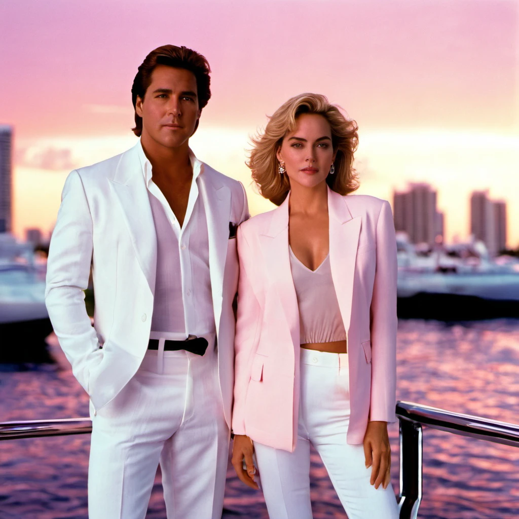 {
  "name": "Miami Vice - 1987",
  "description": "An image of Sonny Crockett and Sharon Stone from Miami Vice. The year is 1987.  Sharon Stone is 28 years old and has a toned and athletic physique. She is 5 feet 7 inches tall with a slim build (measurements: 34-24-36 inches). She has short blonde hair styled in a side-swept wave and bright blue eyes. She is wearing a white linen blazer over a black silk tank top and high-waisted white jeans. Crockett, played by Don Johnson, is standing beside her. He is dressed in his signature Miami Vice attire of a pastel pink linen suit and white t-shirt.  They are standing on a pier overlooking the Miami skyline at sunset. The sky is ablaze with orange, pink, and purple hues. A cigarette boat is docked nearby, adding to the scene's iconic Miami Vice aesthetic.",
  "details": [
    {"subject": "Sharon Stone", "age": 28, "hair": "short, blonde, side-swept wave", "eyes": "bright blue", "physique": "toned, athletic", "height": "5 feet 7 inches", "measurements": "34-24-36 inches", "clothing": "white linen blazer, black silk tank top, high-waisted white jeans"},
    {"subject": "James Crockett", "clothing": "pastel pink linen suit, white t-shirt"},
    {"subject": "setting", "location": "pier overlooking Miami skyline", "time": "sunset", "sky": "orange, pink, purple hues"},
    {"object": "cigarette boat", "location": "docked nearby"}
  ]
}