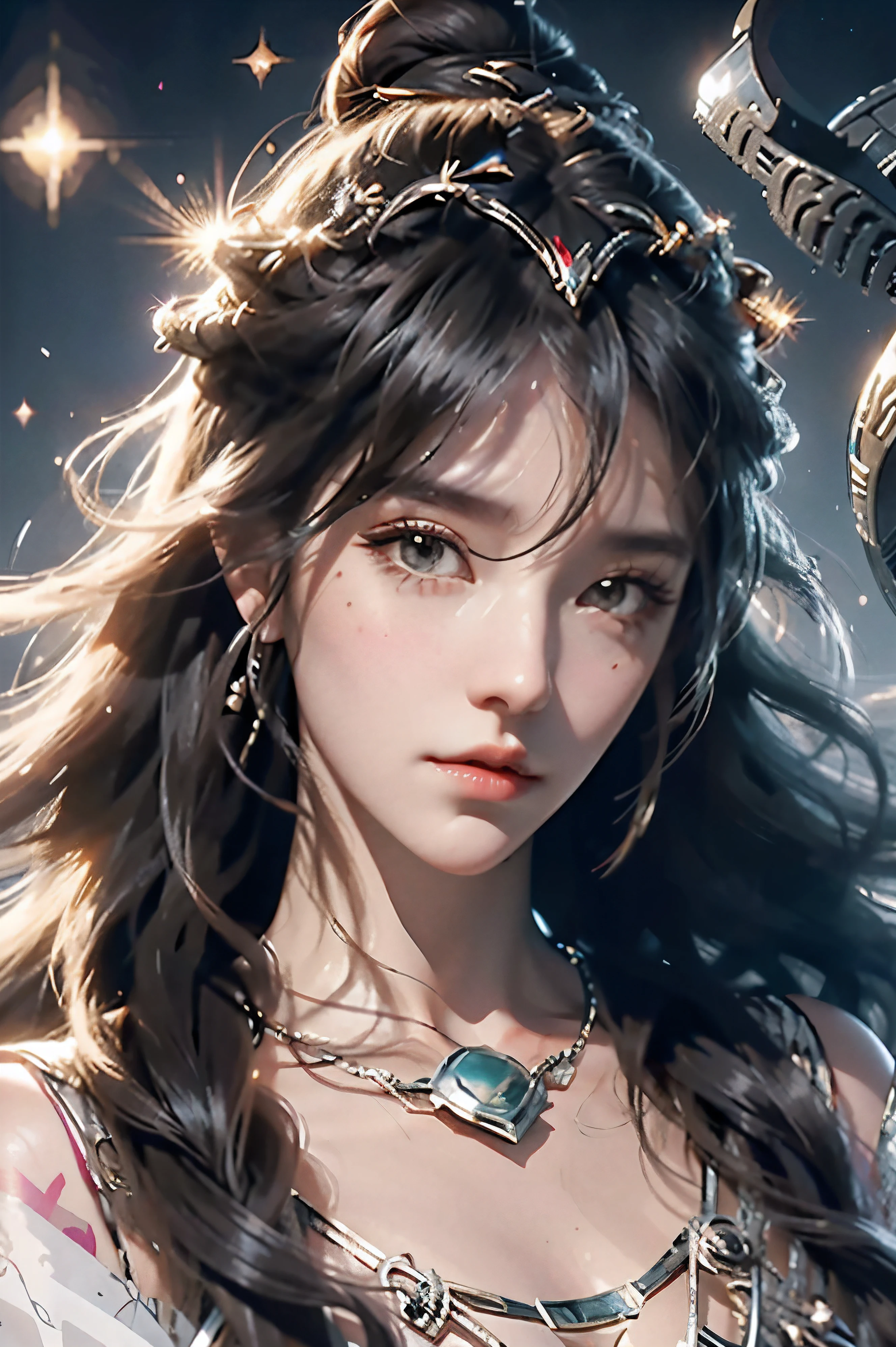 (absurdres, highres, ultra detailed), 1woman, mature female, aged up, wavy long hair, white hair, black eyes, bangs, long sleeves, finely detailed eyes and detailed face, extremely detailed CG unity 8k wallpaper, intricate details,  looking down, solo, half shot, detailed face, stoic expression, dynamic pose, flowing hair, classical era, (ancient roman theme:1.1), roman mythology,  Roman empire,  Capua, ancient vineyard, oracle,  cape,  iron accessories, ancient theme, (flourishing civilization:1.1), pristine white marble, (intact:1.1) marble buildings,  hills in background, brazier, burning embers, night, darkness, stars, aura of light, majestic atmosphere, floating stone particles,, portrait, wind swirling, (((floating hair)))
