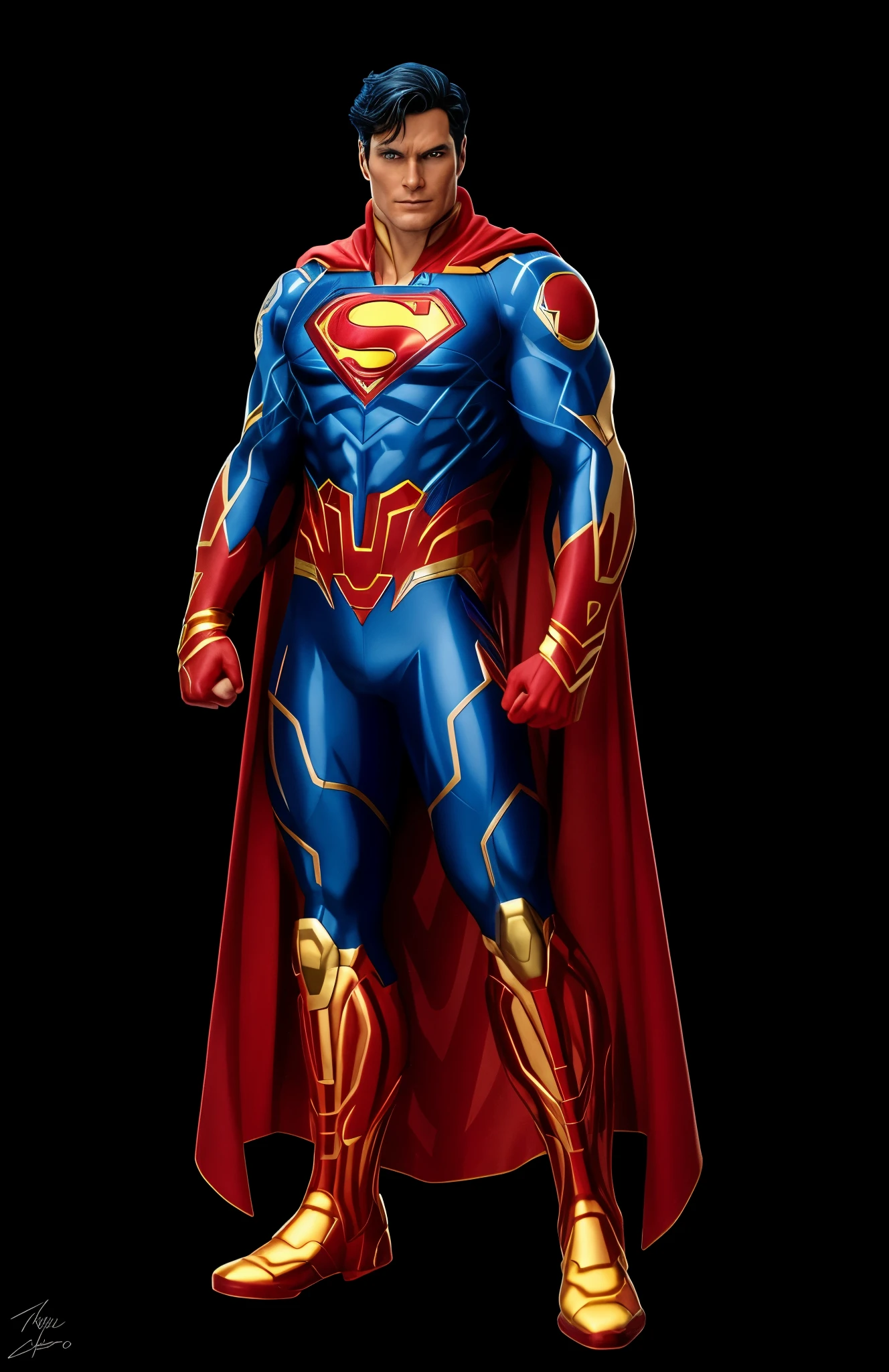 photoreal, hyperdetailed, new52 style superman wearing a high tech futuristic blue suit with golden s logo on chest and red and gold armor plating and detail lines and rec cape and golden boots, he has a determined look on his face and his arms on his side with hands clenched into fists, he is standing in a clean white space station interior,