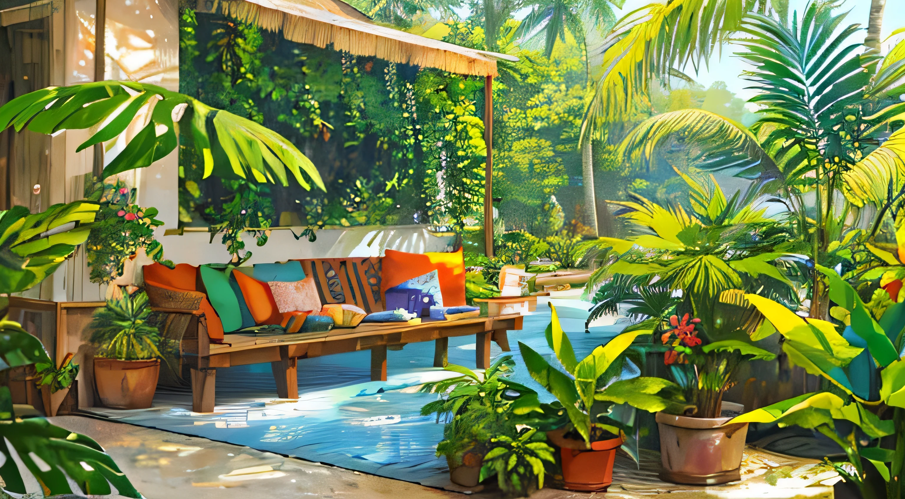 masterpiece, highest quality, sunny beach, Vibrant tropical landscape with undulating palm trees, Realistic, photograph, sunny, Twilight, Tropical Jungle, High resolution, flower, Cinema Lighting